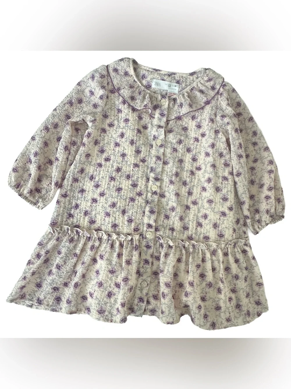 Zara girl’s Cream Dress with Purple Floral Print.  Size 2-3T.